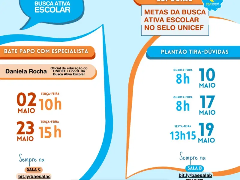 Imagem mostra a programação:   * 02/05 (terça-feira), às 10h: Bate papo com Especialista. / 10/05 (quarta-feira) 8h: Plantão tira-dúvida. / 17/05 (quarta-feira) 8h: Plantão tira-dúvida. / 19/05 (sexta-feira) 13h15: Plantão tira-dúvida. /  23/05 (terça-feira), às 15h: Bate papo com Especialista